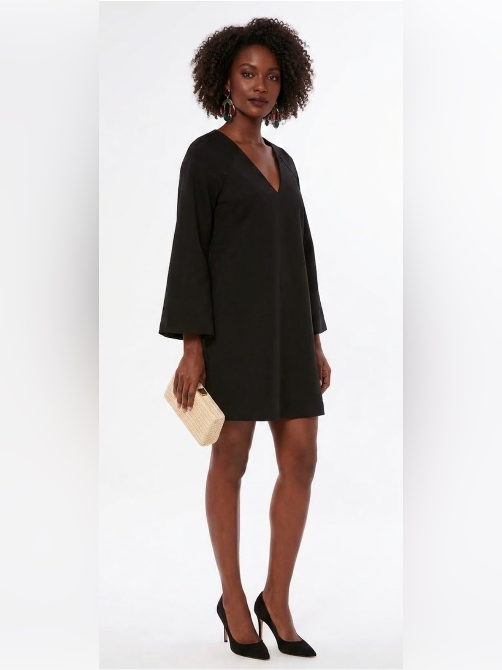 Tuckernuck Pomander Place Audrey Bell Sleeve Mini V-Neck Dress, Size XL Black